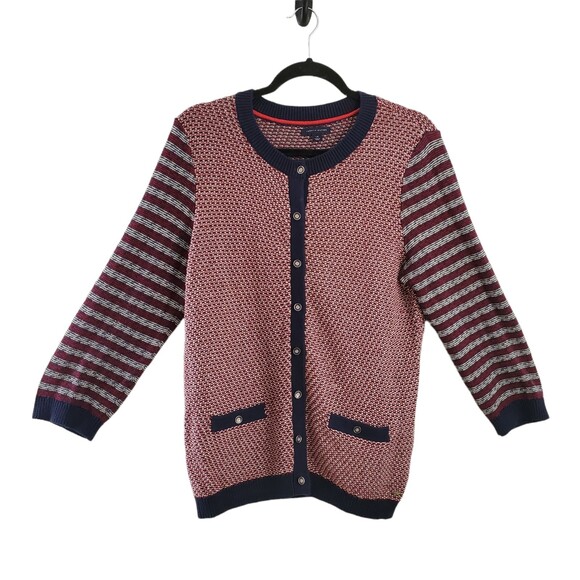 Tommy Hilfiger Sweaters - Tommy Hilfiger L 100% Cotton Knit Cardigan Sweater Nautical Stripe Red Navy Gold